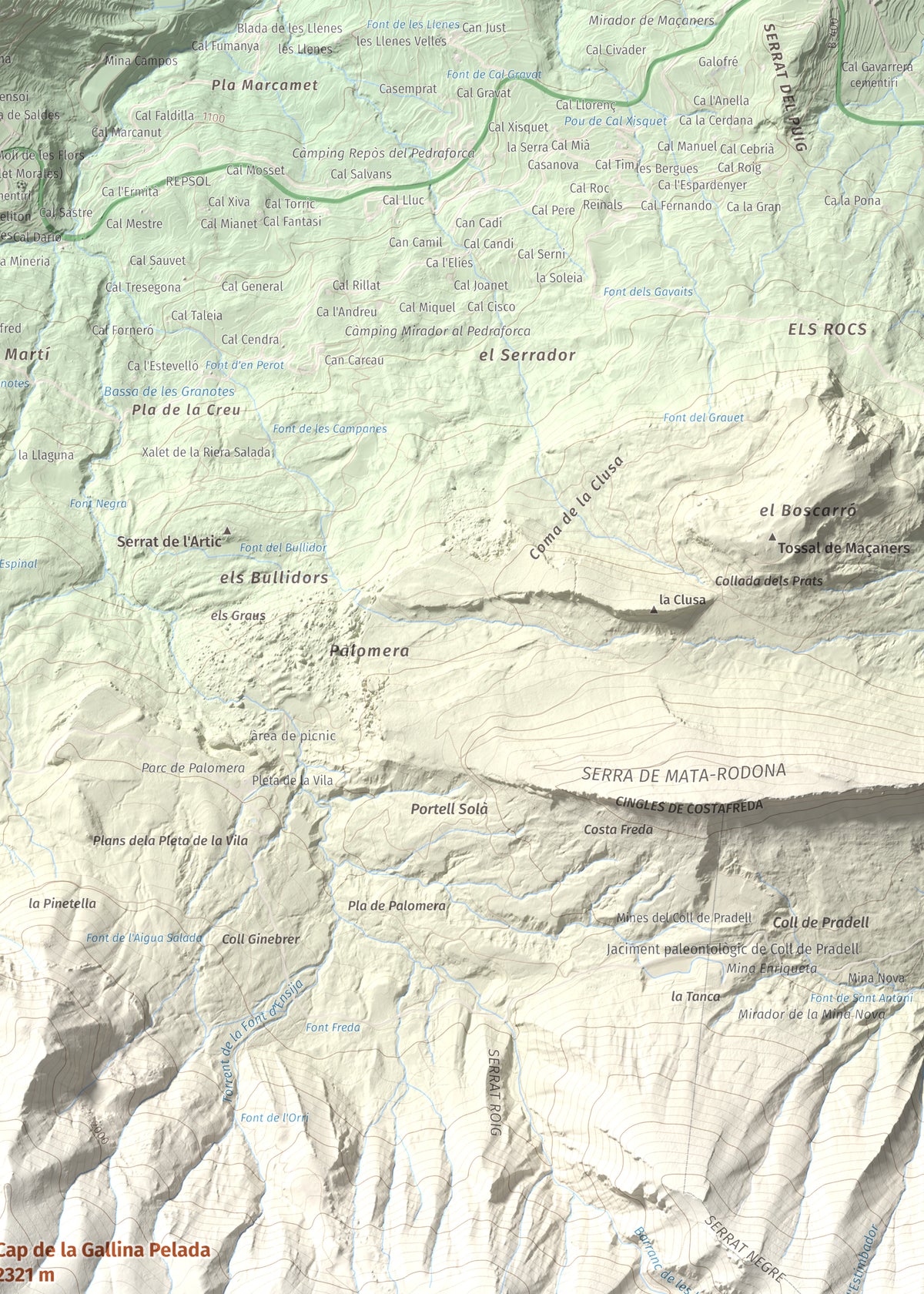 Mapa de relieve de Cap de la Gallina Pelada, 2321 m, Berguedà, lámina 100 Cims de Trobart. Detalle de la zona superior derecha. 50 × 70 cm.