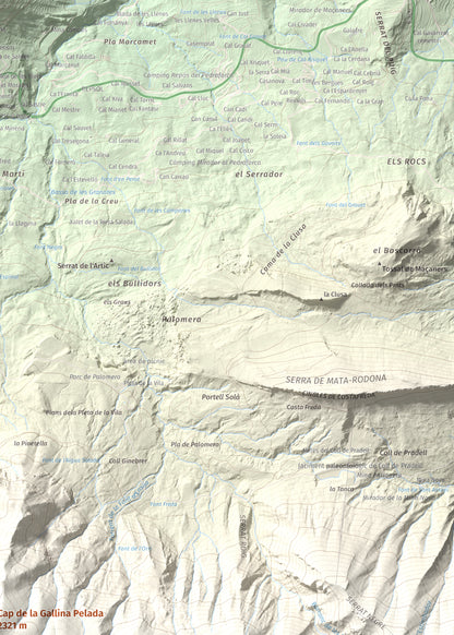 Mapa de relieve de Cap de la Gallina Pelada, 2321 m, Berguedà, lámina 100 Cims de Trobart. Detalle de la zona superior derecha. 50 × 70 cm.