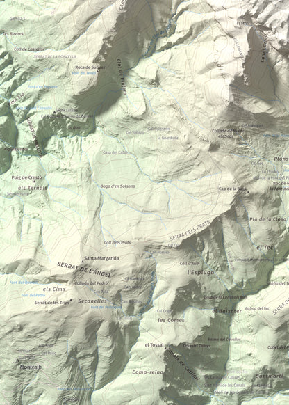 Mapa de relieve de Cap de la Gallina Pelada, 2321 m, Berguedà, lámina 100 Cims de Trobart. Detalle de la zona inferior izquierda. 50 × 70 cm.