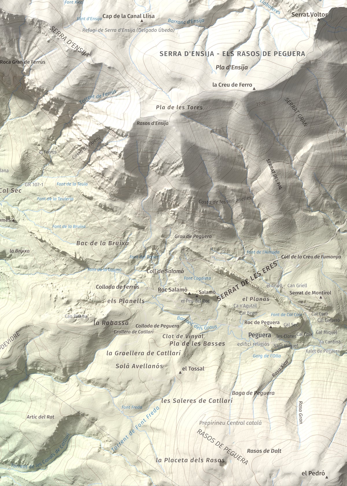 Mapa de relieve de Cap de la Gallina Pelada, 2321 m, Berguedà, lámina 100 Cims de Trobart. Detalle de la zona inferior derecha. 50 × 70 cm.
