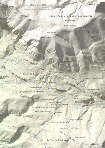 Mapa de relieve de Cap de la Gallina Pelada, 2321 m, Berguedà, lámina 100 Cims de Trobart. Detalle de la zona inferior derecha. 50 × 70 cm.