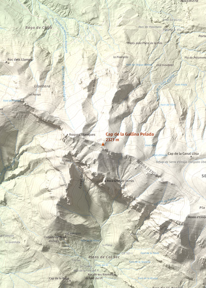 Mapa de relieve de Cap de la Gallina Pelada, 2321 m, Berguedà, lámina 100 Cims de Trobart. Detalle de la zona central. 50 × 70 cm.