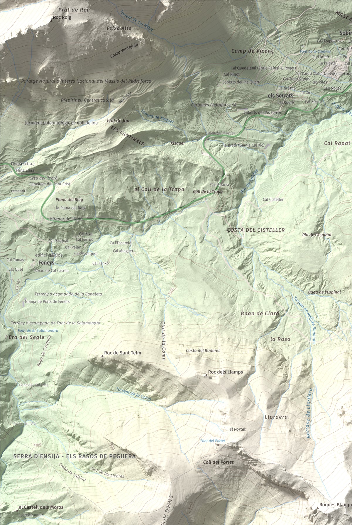 Mapa de relieve de Cap de la Gallina Pelada, 2321 m, Berguedà, lámina 100 Cims de Trobart. Detalle de la zona superior izquierda. 61 × 91 cm.