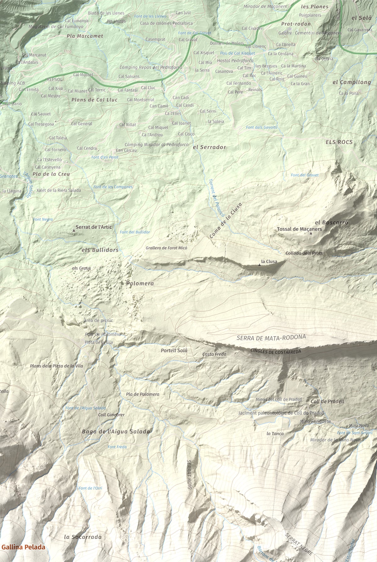 Mapa de relieve de Cap de la Gallina Pelada, 2321 m, Berguedà, lámina 100 Cims de Trobart. Detalle de la zona superior derecha. 61 × 91 cm.