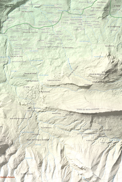 Mapa de relieve de Cap de la Gallina Pelada, 2321 m, Berguedà, lámina 100 Cims de Trobart. Detalle de la zona superior derecha. 61 × 91 cm.