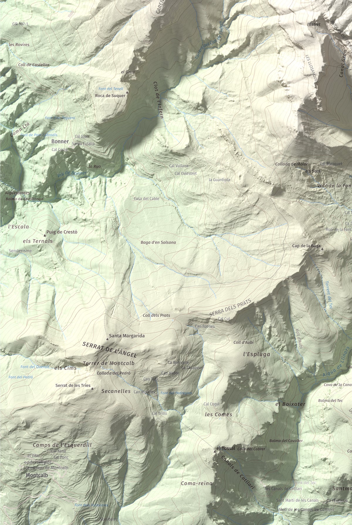 Mapa de relieve de Cap de la Gallina Pelada, 2321 m, Berguedà, lámina 100 Cims de Trobart. Detalle de la zona inferior izquierda. 61 × 91 cm.
