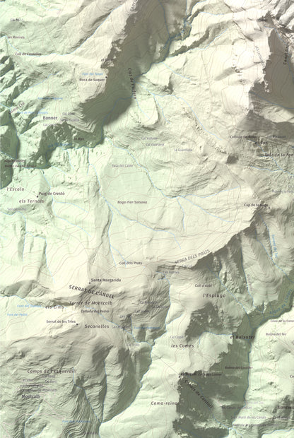 Mapa de relieve de Cap de la Gallina Pelada, 2321 m, Berguedà, lámina 100 Cims de Trobart. Detalle de la zona inferior izquierda. 61 × 91 cm.