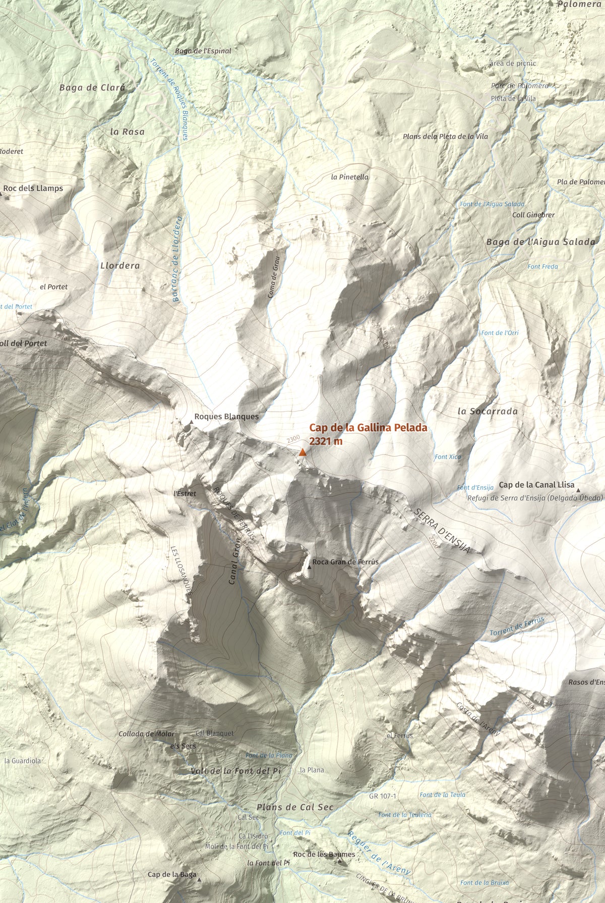 Mapa de relieve de Cap de la Gallina Pelada, 2321 m, Berguedà, lámina 100 Cims de Trobart. Detalle de la zona central. 61 × 91 cm.
