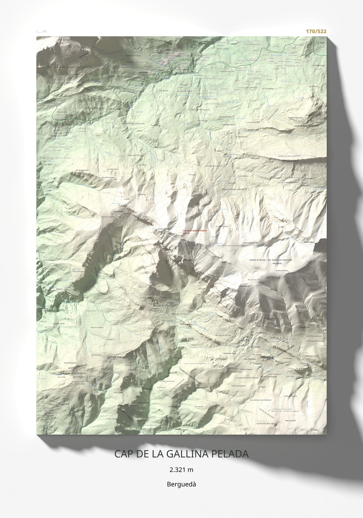 Mapa de relieve de Cap de la Gallina Pelada, 2321 m, Berguedà, lámina 100 Cims de Trobart 70 × 100 cm.