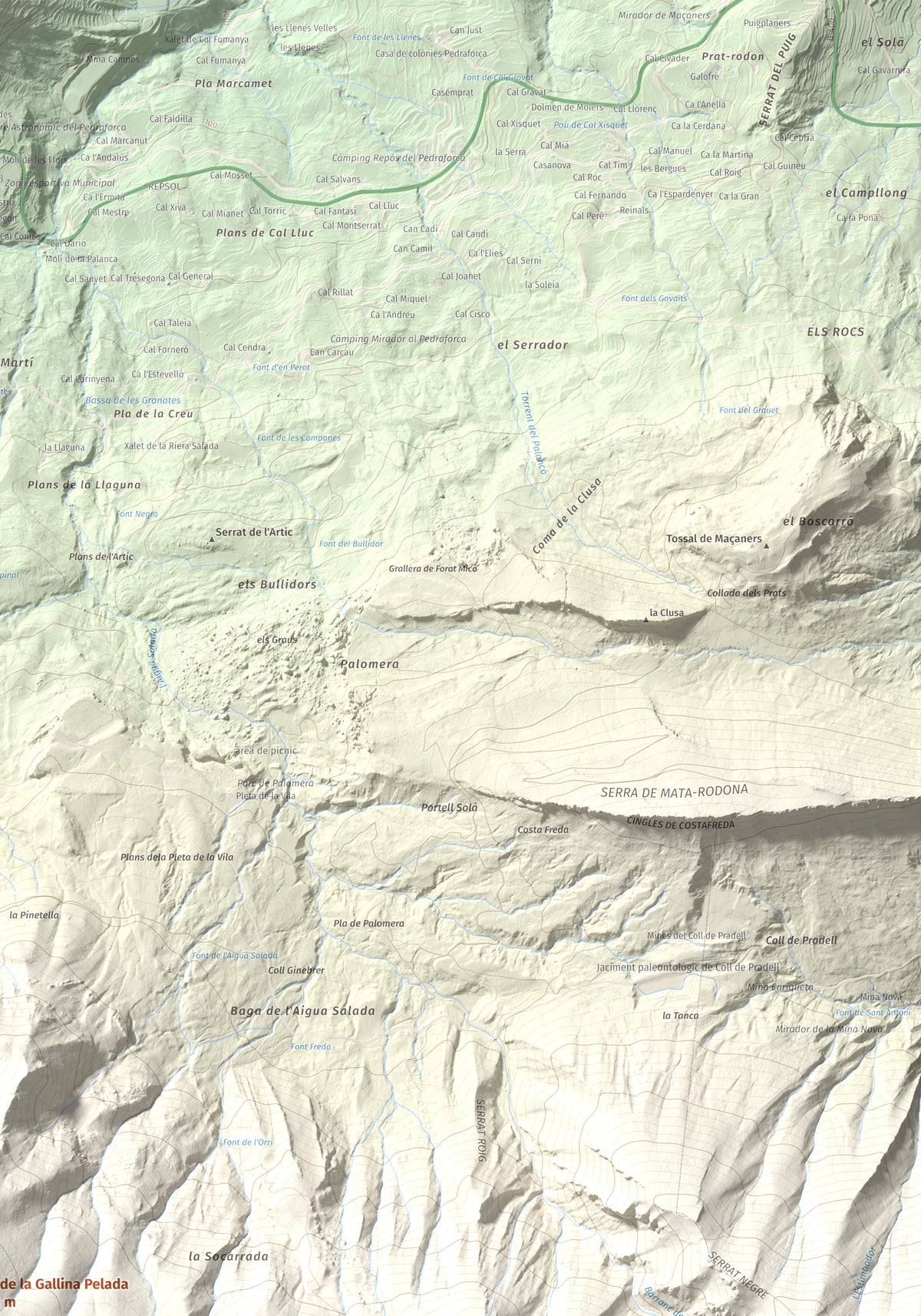 Mapa de relieve de Cap de la Gallina Pelada, 2321 m, Berguedà, lámina 100 Cims de Trobart. Detalle de la zona superior derecha. 70 × 100 cm.
