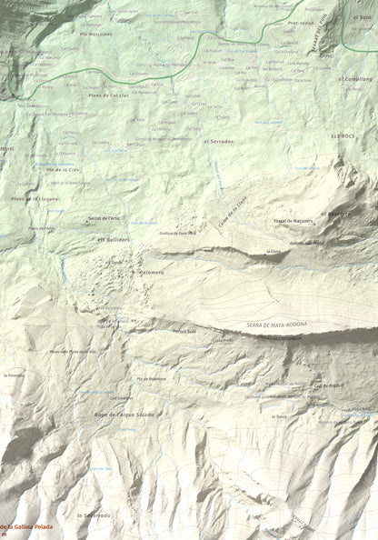 Mapa de relieve de Cap de la Gallina Pelada, 2321 m, Berguedà, lámina 100 Cims de Trobart. Detalle de la zona superior derecha. 70 × 100 cm.
