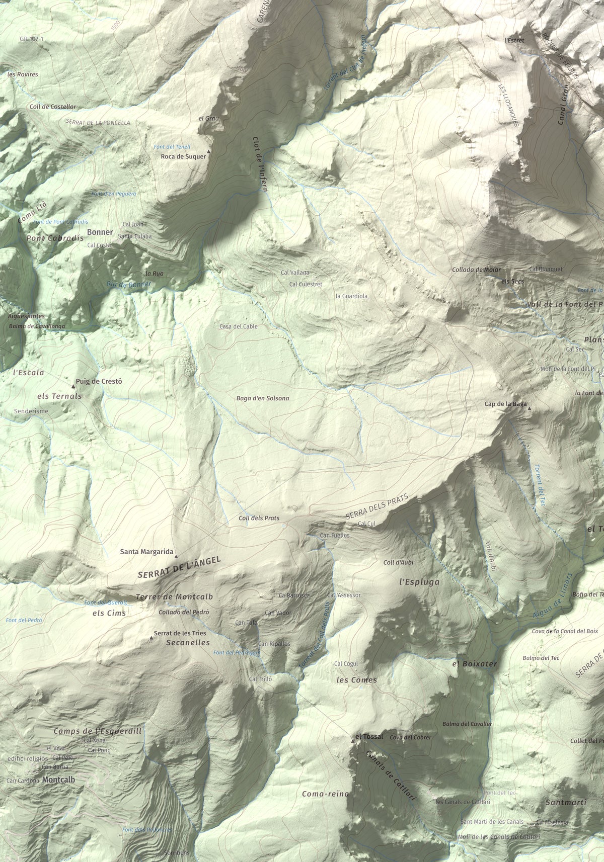 Mapa de relieve de Cap de la Gallina Pelada, 2321 m, Berguedà, lámina 100 Cims de Trobart. Detalle de la zona inferior izquierda. 70 × 100 cm.