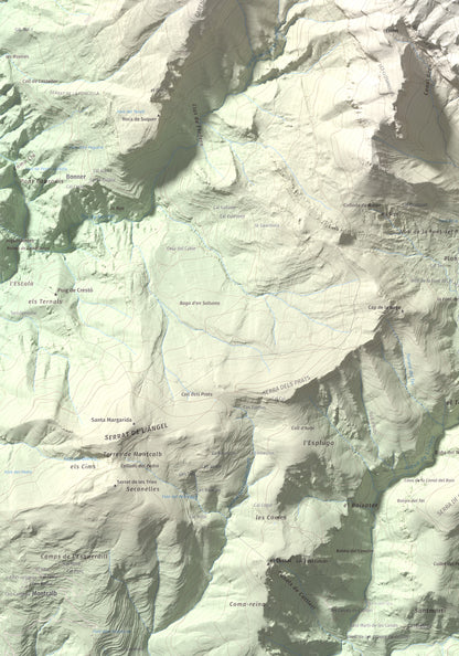 Mapa de relieve de Cap de la Gallina Pelada, 2321 m, Berguedà, lámina 100 Cims de Trobart. Detalle de la zona inferior izquierda. 70 × 100 cm.