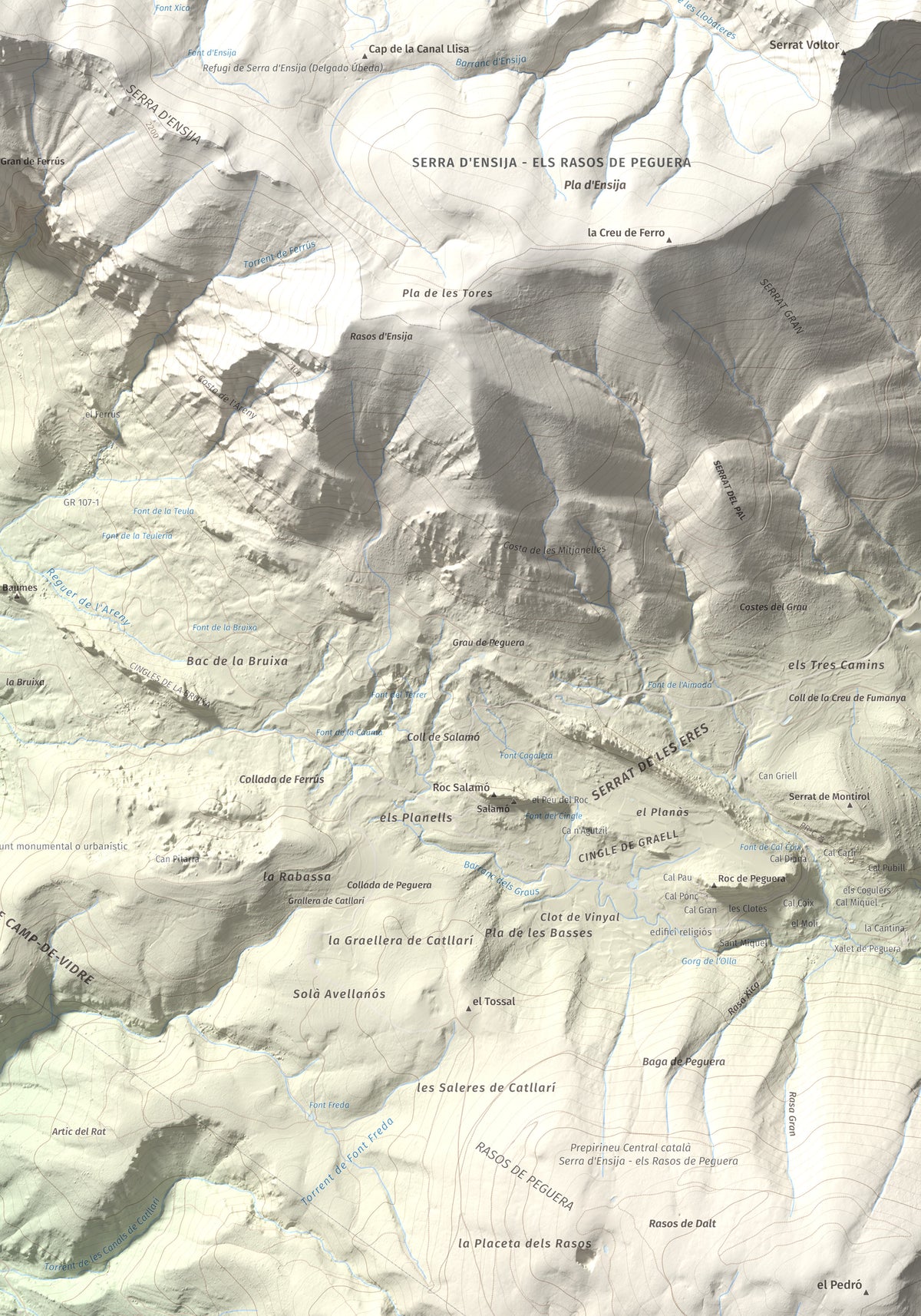 Mapa de relieve de Cap de la Gallina Pelada, 2321 m, Berguedà, lámina 100 Cims de Trobart. Detalle de la zona inferior derecha. 70 × 100 cm.