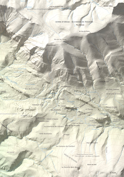 Mapa de relieve de Cap de la Gallina Pelada, 2321 m, Berguedà, lámina 100 Cims de Trobart. Detalle de la zona inferior derecha. 70 × 100 cm.