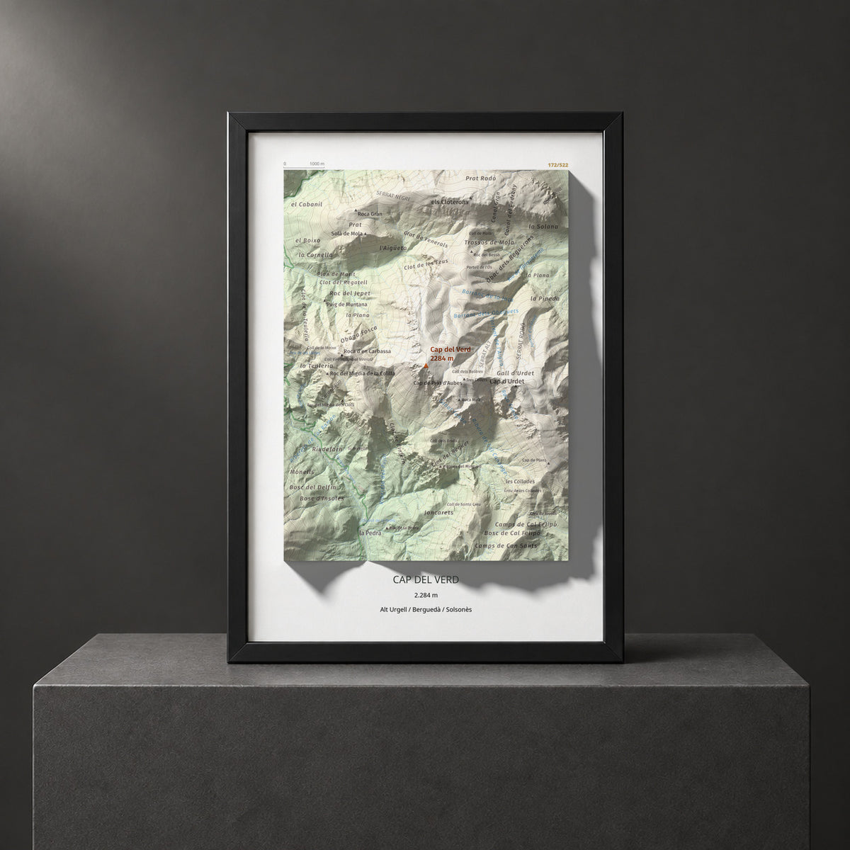 Mapa de relieve de Cap del Verd, 2284 m, Alt Urgell · Berguedà · Solsonès, lámina 100 Cims de Trobart. Presentación enmarcada. 21 × 30 cm.