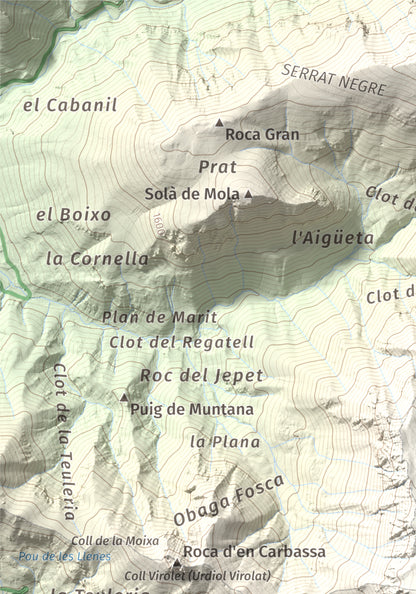 Mapa de relieve de Cap del Verd, 2284 m, Alt Urgell · Berguedà · Solsonès, lámina 100 Cims de Trobart. Detalle de la zona superior izquierda. 21 × 30 cm.