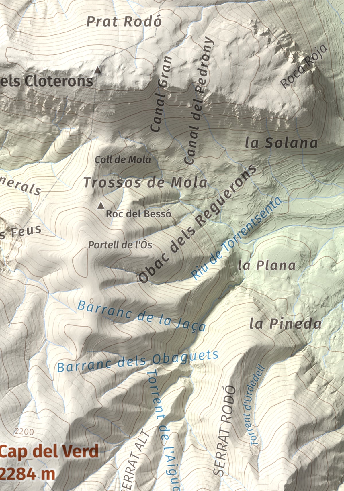 Mapa de relieve de Cap del Verd, 2284 m, Alt Urgell · Berguedà · Solsonès, lámina 100 Cims de Trobart. Detalle de la zona superior derecha. 21 × 30 cm.