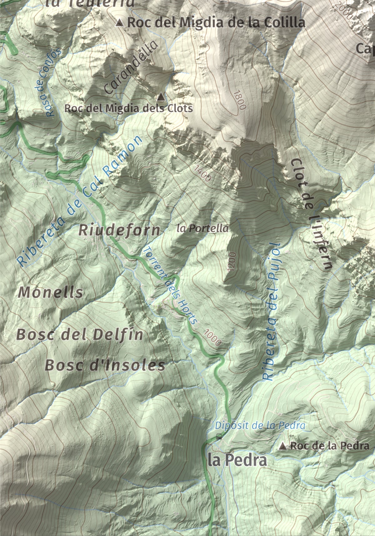 Mapa de relieve de Cap del Verd, 2284 m, Alt Urgell · Berguedà · Solsonès, lámina 100 Cims de Trobart. Detalle de la zona inferior izquierda. 21 × 30 cm.