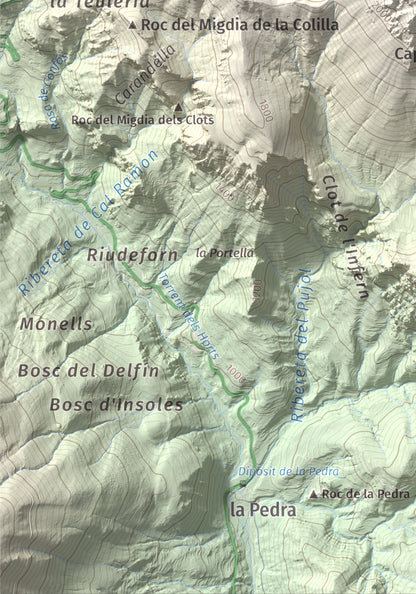 Mapa de relieve de Cap del Verd, 2284 m, Alt Urgell · Berguedà · Solsonès, lámina 100 Cims de Trobart. Detalle de la zona inferior izquierda. 21 × 30 cm.