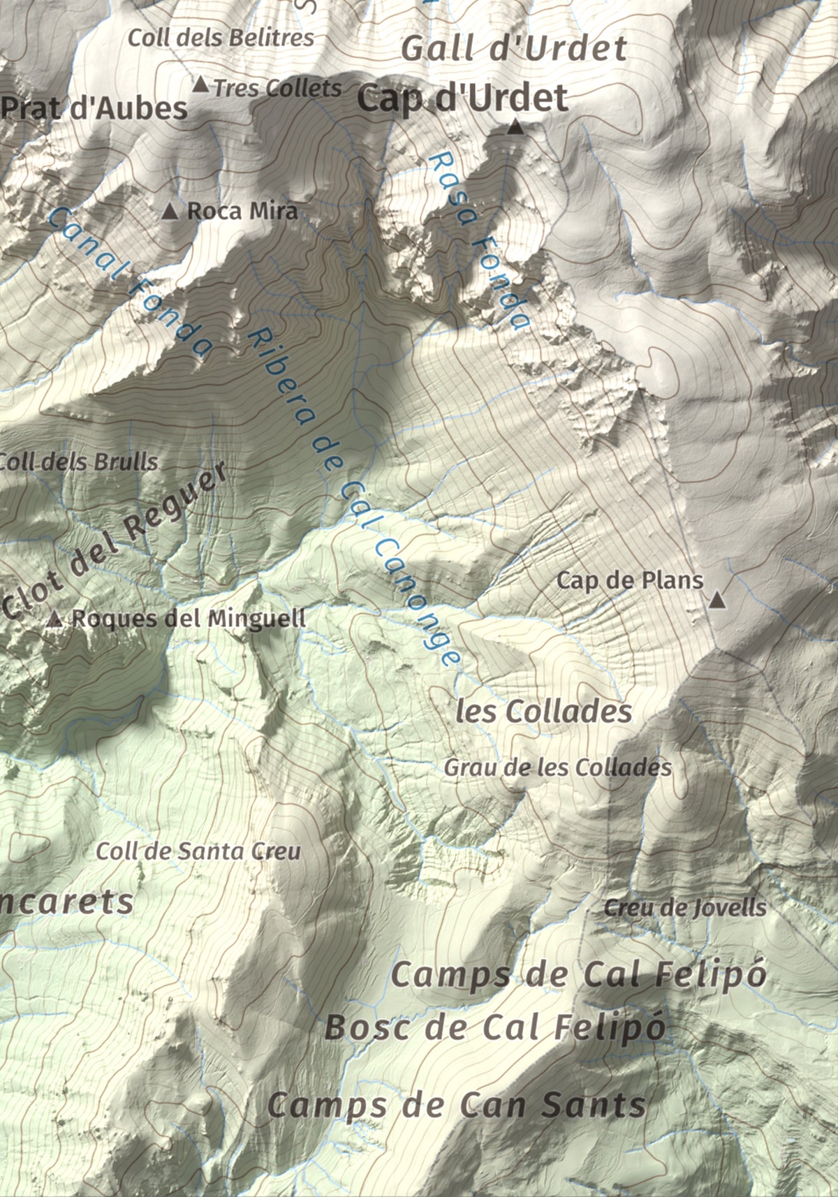 Mapa de relieve de Cap del Verd, 2284 m, Alt Urgell · Berguedà · Solsonès, lámina 100 Cims de Trobart. Detalle de la zona inferior derecha. 21 × 30 cm.