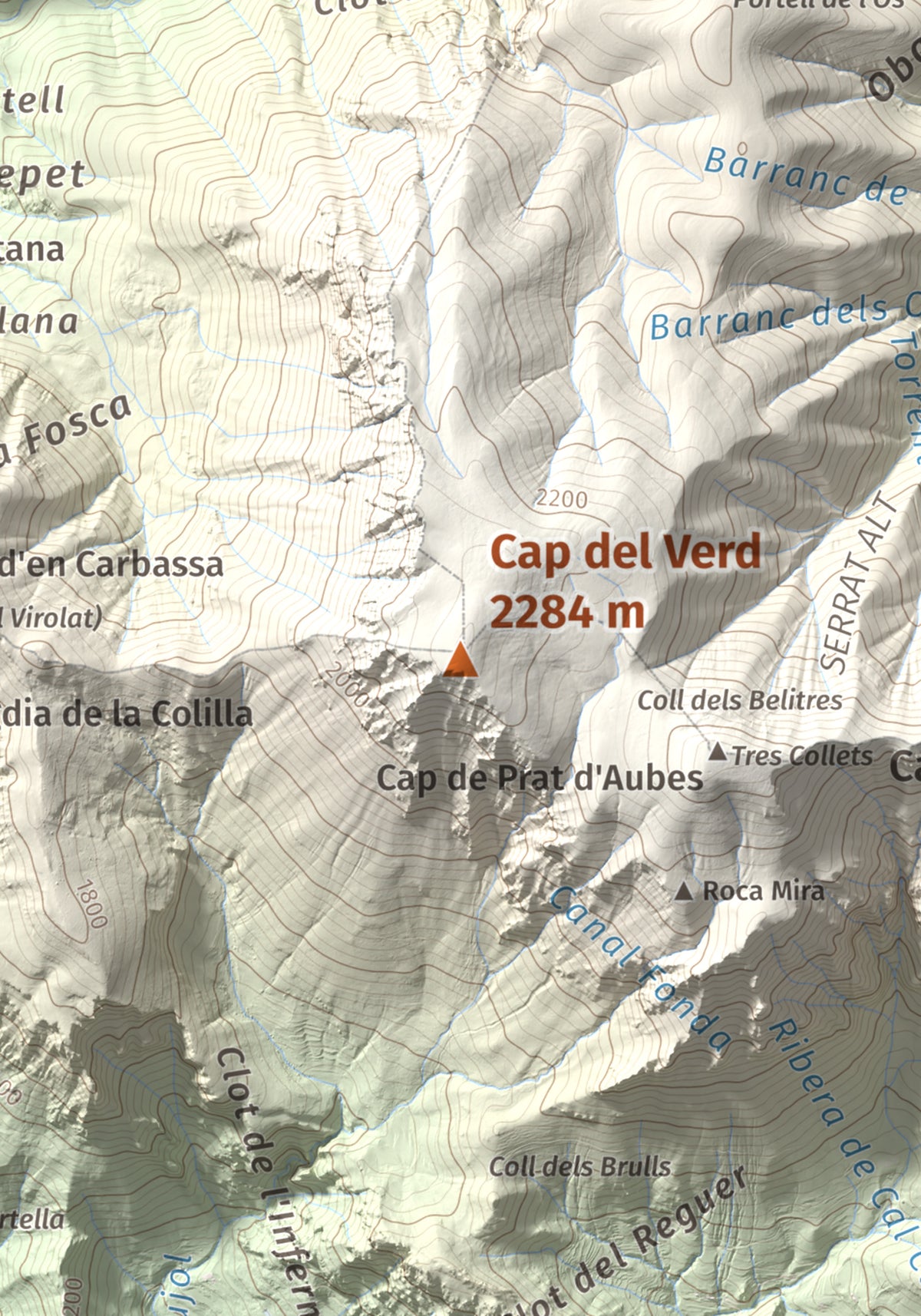 Mapa de relieve de Cap del Verd, 2284 m, Alt Urgell · Berguedà · Solsonès, lámina 100 Cims de Trobart. Detalle de la zona central. 21 × 30 cm.
