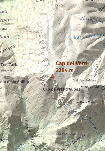 Mapa de relieve de Cap del Verd, 2284 m, Alt Urgell · Berguedà · Solsonès, lámina 100 Cims de Trobart. Detalle de la zona central. 21 × 30 cm.