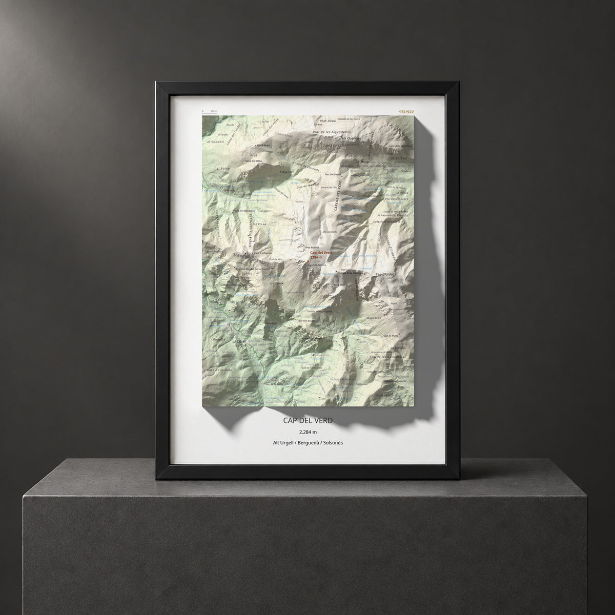 Mapa de relieve de Cap del Verd, 2284 m, Alt Urgell · Berguedà · Solsonès, lámina 100 Cims de Trobart. Presentación enmarcada. 30 × 40 cm.