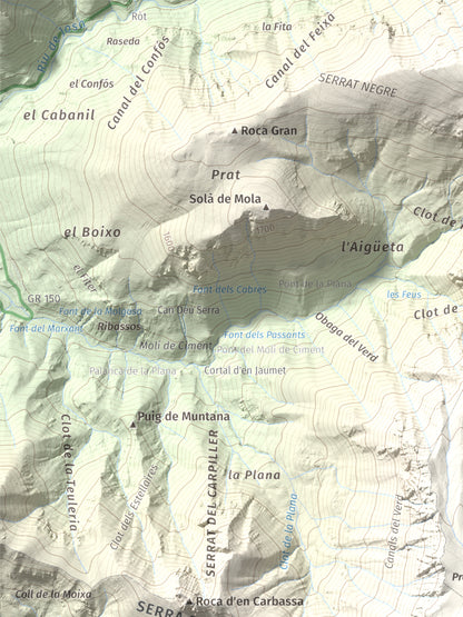 Mapa de relieve de Cap del Verd, 2284 m, Alt Urgell · Berguedà · Solsonès, lámina 100 Cims de Trobart. Detalle de la zona superior izquierda. 30 × 40 cm.