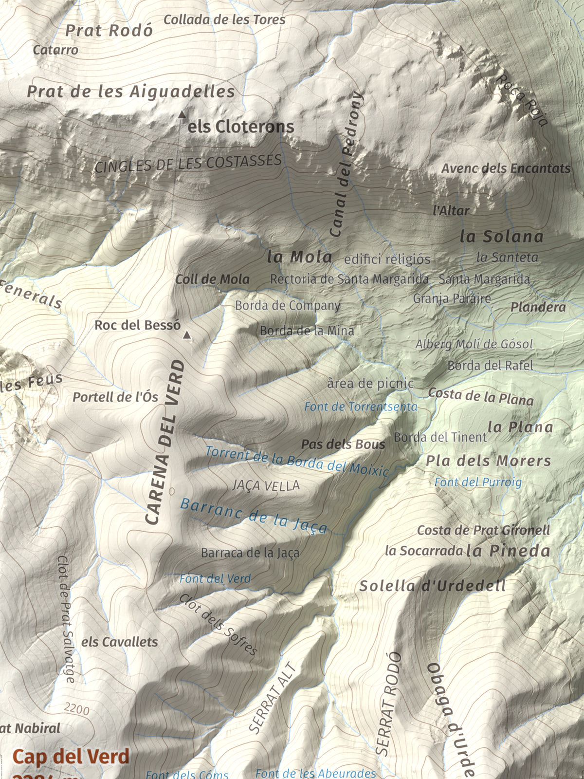 Mapa de relieve de Cap del Verd, 2284 m, Alt Urgell · Berguedà · Solsonès, lámina 100 Cims de Trobart. Detalle de la zona superior derecha. 30 × 40 cm.