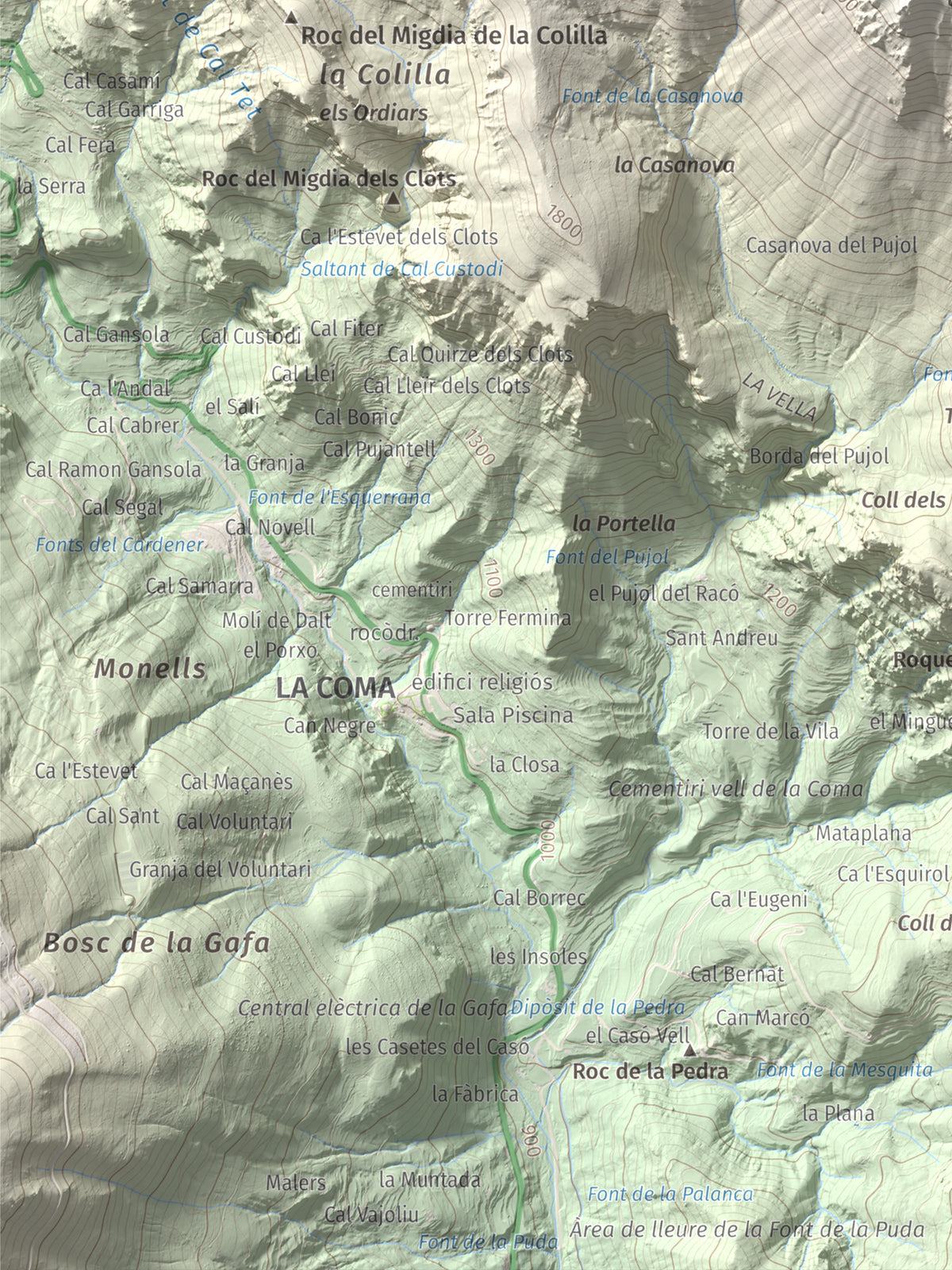 Mapa de relieve de Cap del Verd, 2284 m, Alt Urgell · Berguedà · Solsonès, lámina 100 Cims de Trobart. Detalle de la zona inferior izquierda. 30 × 40 cm.