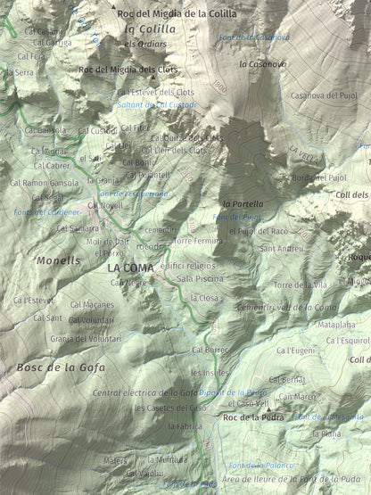 Mapa de relieve de Cap del Verd, 2284 m, Alt Urgell · Berguedà · Solsonès, lámina 100 Cims de Trobart. Detalle de la zona inferior izquierda. 30 × 40 cm.