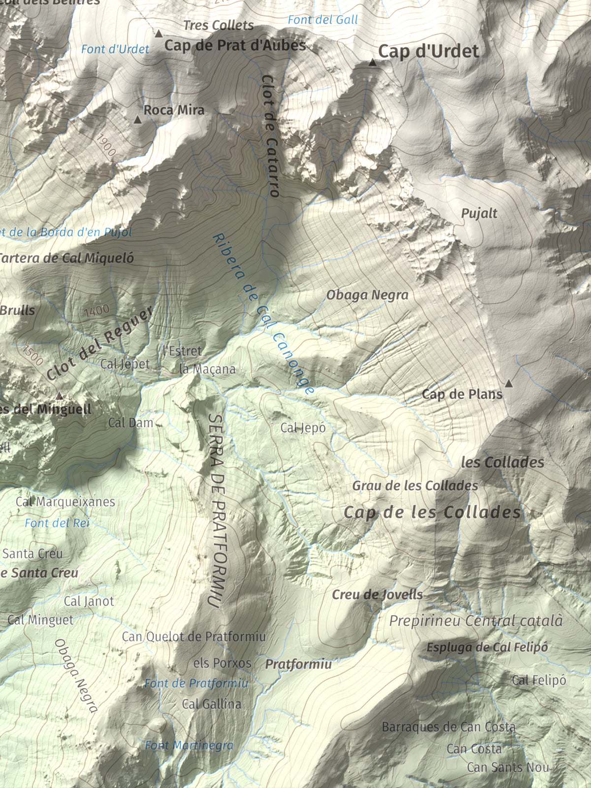 Mapa de relieve de Cap del Verd, 2284 m, Alt Urgell · Berguedà · Solsonès, lámina 100 Cims de Trobart. Detalle de la zona inferior derecha. 30 × 40 cm.