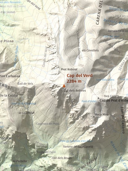 Mapa de relieve de Cap del Verd, 2284 m, Alt Urgell · Berguedà · Solsonès, lámina 100 Cims de Trobart. Detalle de la zona central. 30 × 40 cm.