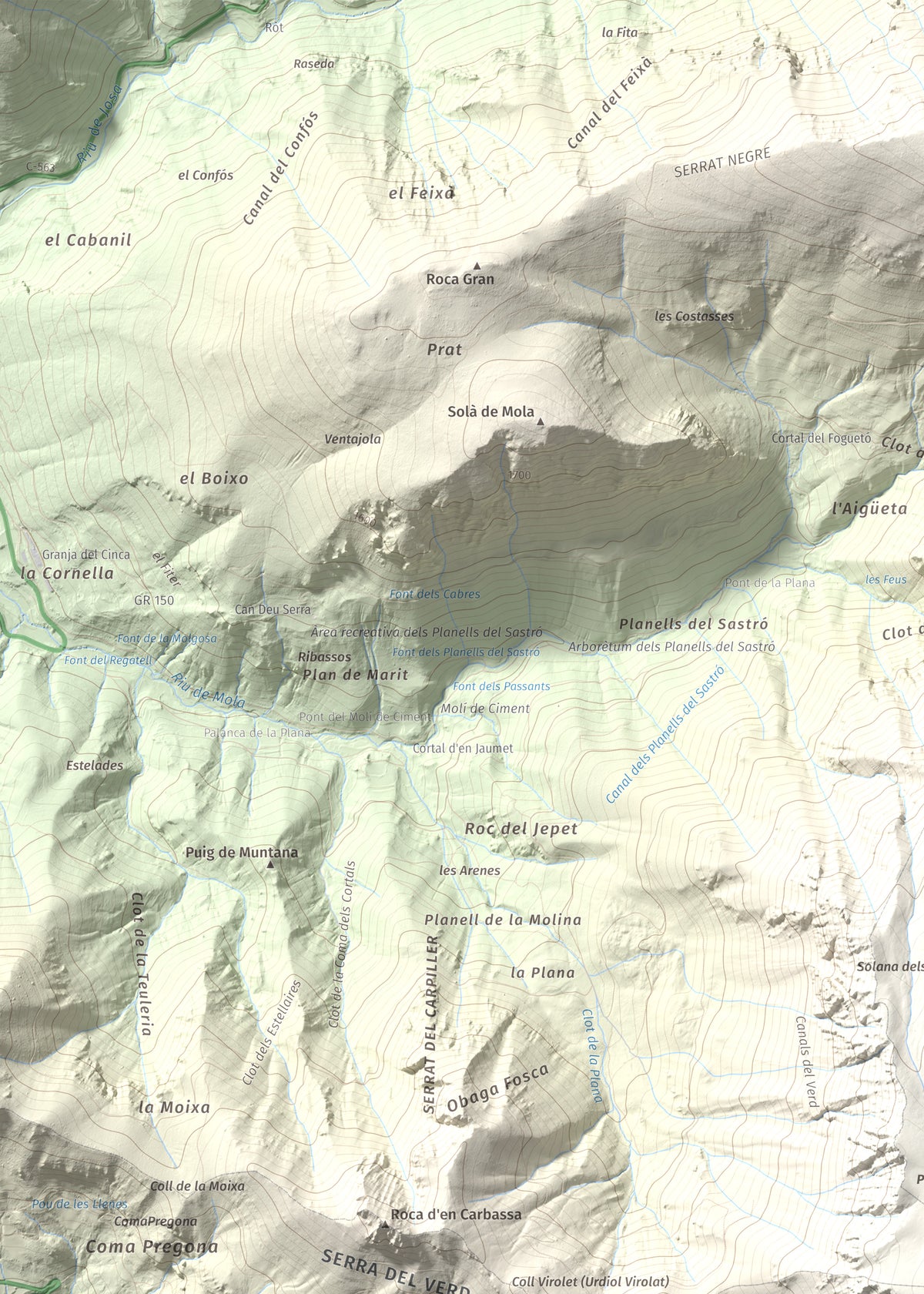 Mapa de relieve de Cap del Verd, 2284 m, Alt Urgell · Berguedà · Solsonès, lámina 100 Cims de Trobart. Detalle de la zona superior izquierda. 50 × 70 cm.