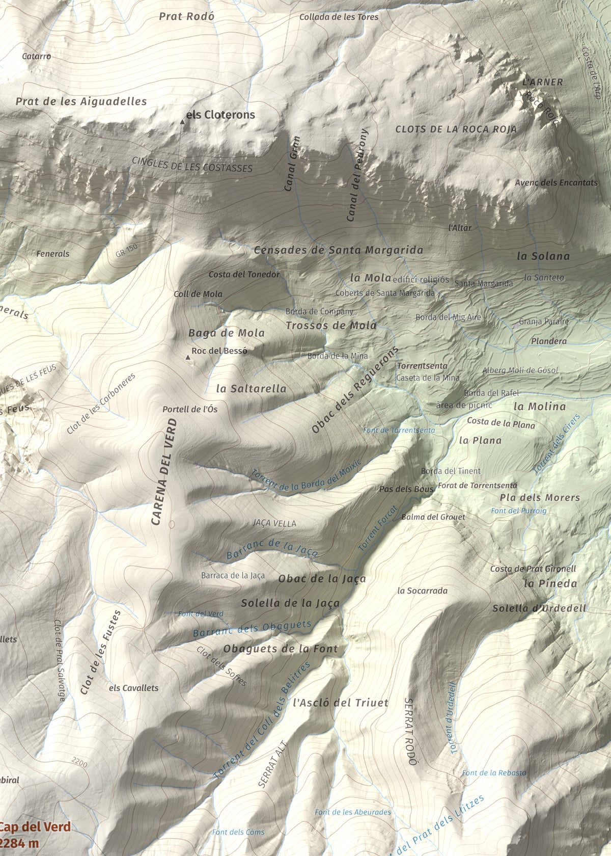 Mapa de relieve de Cap del Verd, 2284 m, Alt Urgell · Berguedà · Solsonès, lámina 100 Cims de Trobart. Detalle de la zona superior derecha. 50 × 70 cm.