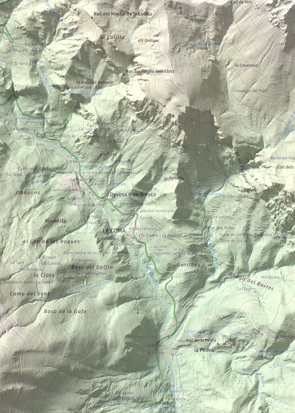 Mapa de relieve de Cap del Verd, 2284 m, Alt Urgell · Berguedà · Solsonès, lámina 100 Cims de Trobart. Detalle de la zona inferior izquierda. 50 × 70 cm.