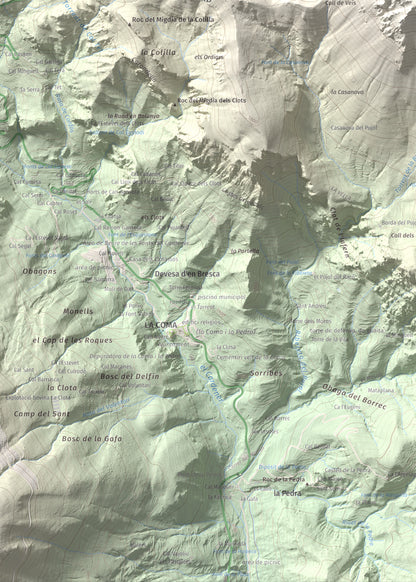 Mapa de relieve de Cap del Verd, 2284 m, Alt Urgell · Berguedà · Solsonès, lámina 100 Cims de Trobart. Detalle de la zona inferior izquierda. 50 × 70 cm.