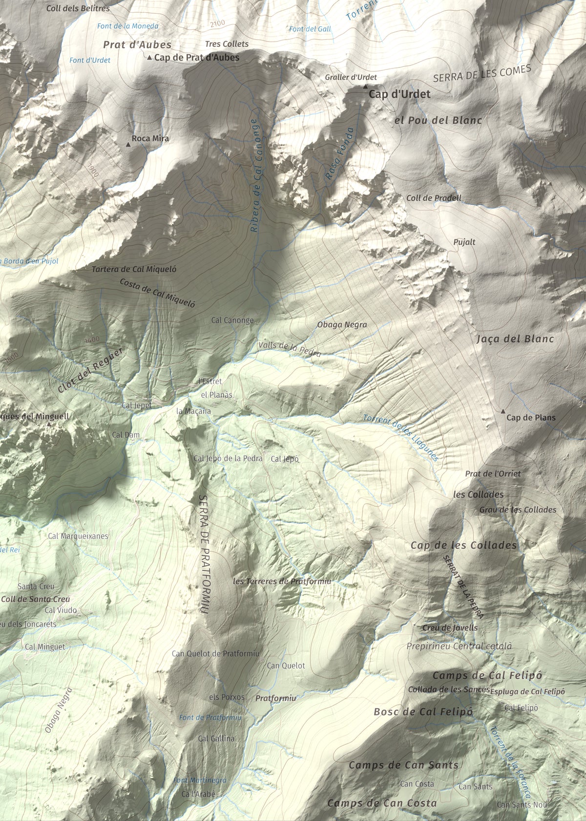 Mapa de relieve de Cap del Verd, 2284 m, Alt Urgell · Berguedà · Solsonès, lámina 100 Cims de Trobart. Detalle de la zona inferior derecha. 50 × 70 cm.