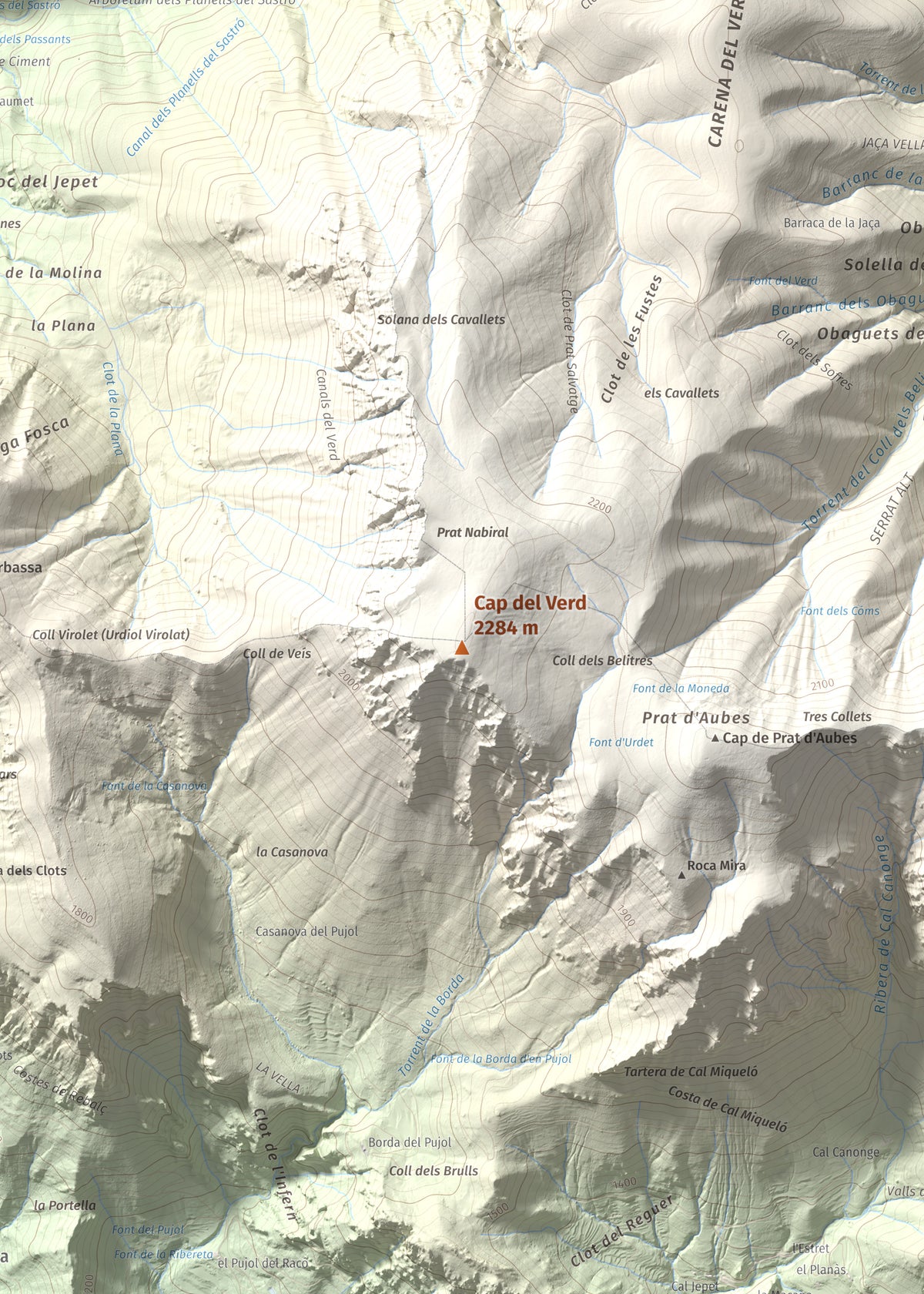 Mapa de relieve de Cap del Verd, 2284 m, Alt Urgell · Berguedà · Solsonès, lámina 100 Cims de Trobart. Detalle de la zona central. 50 × 70 cm.