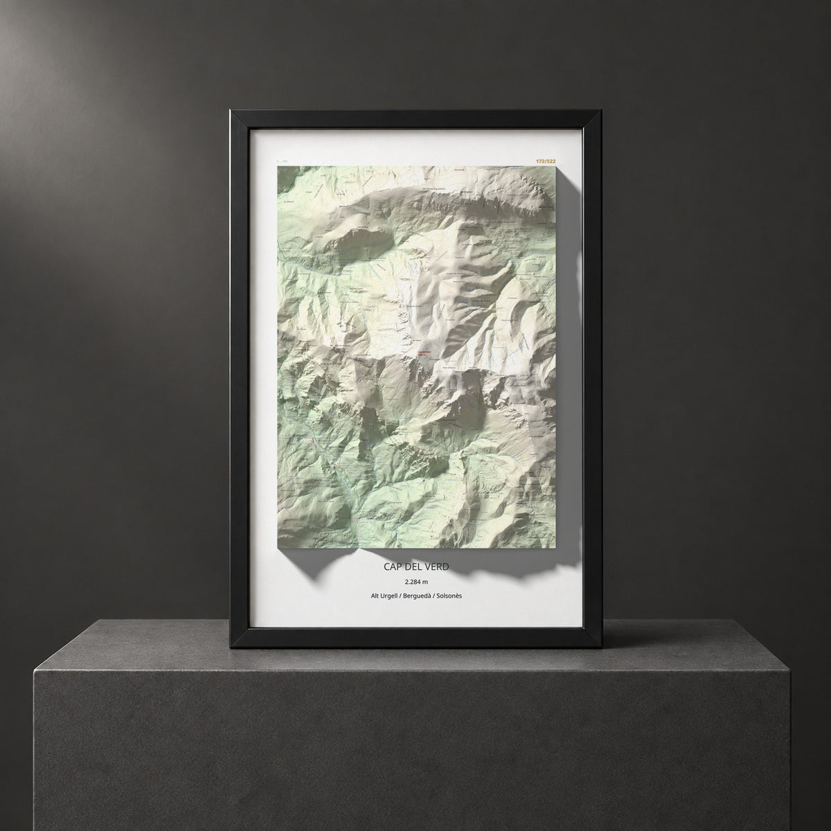 Mapa de relieve de Cap del Verd, 2284 m, Alt Urgell · Berguedà · Solsonès, lámina 100 Cims de Trobart. Presentación enmarcada. 61 × 91 cm.