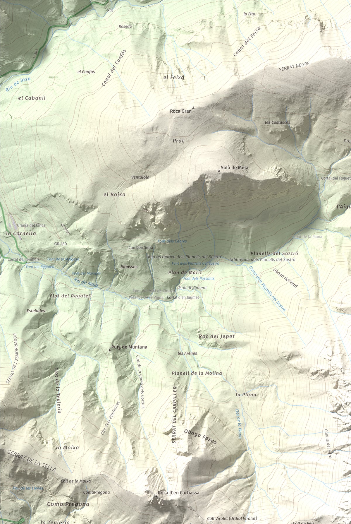 Mapa de relieve de Cap del Verd, 2284 m, Alt Urgell · Berguedà · Solsonès, lámina 100 Cims de Trobart. Detalle de la zona superior izquierda. 61 × 91 cm.