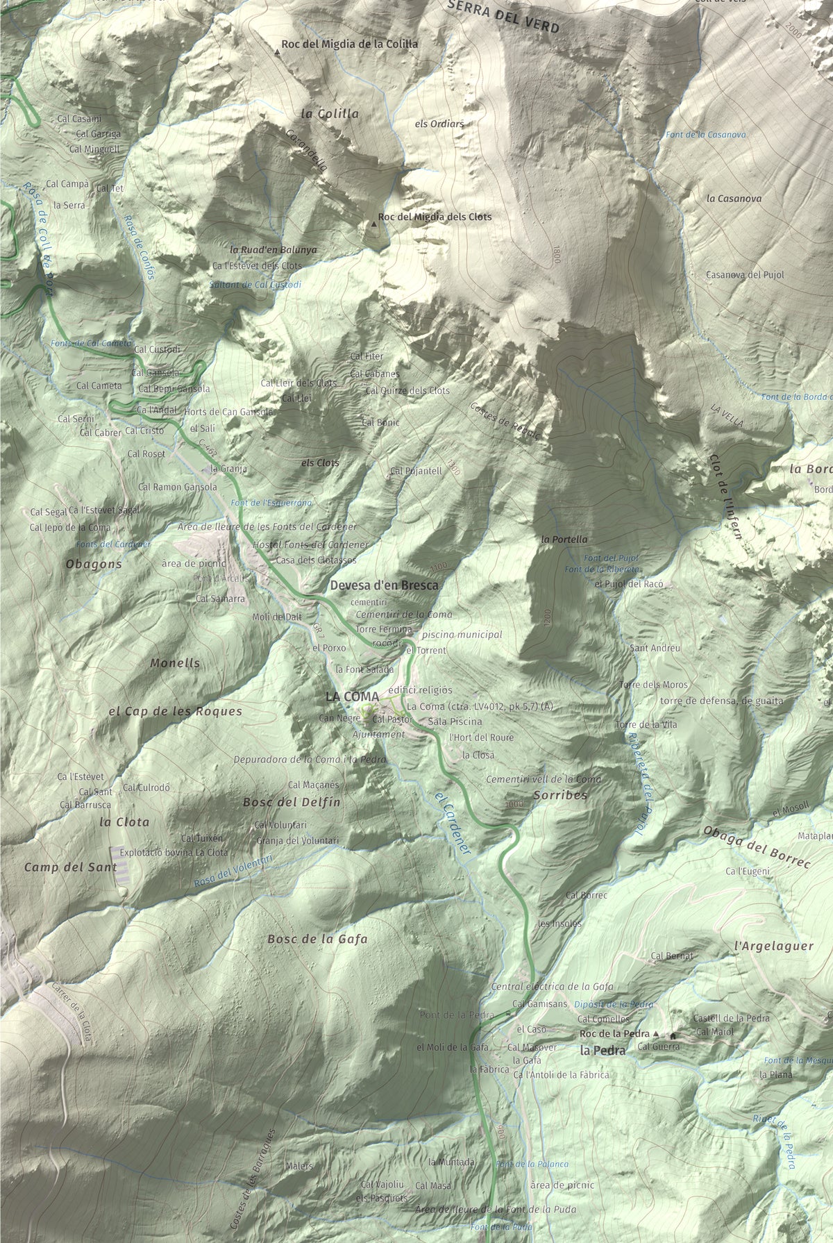 Mapa de relieve de Cap del Verd, 2284 m, Alt Urgell · Berguedà · Solsonès, lámina 100 Cims de Trobart. Detalle de la zona inferior izquierda. 61 × 91 cm.