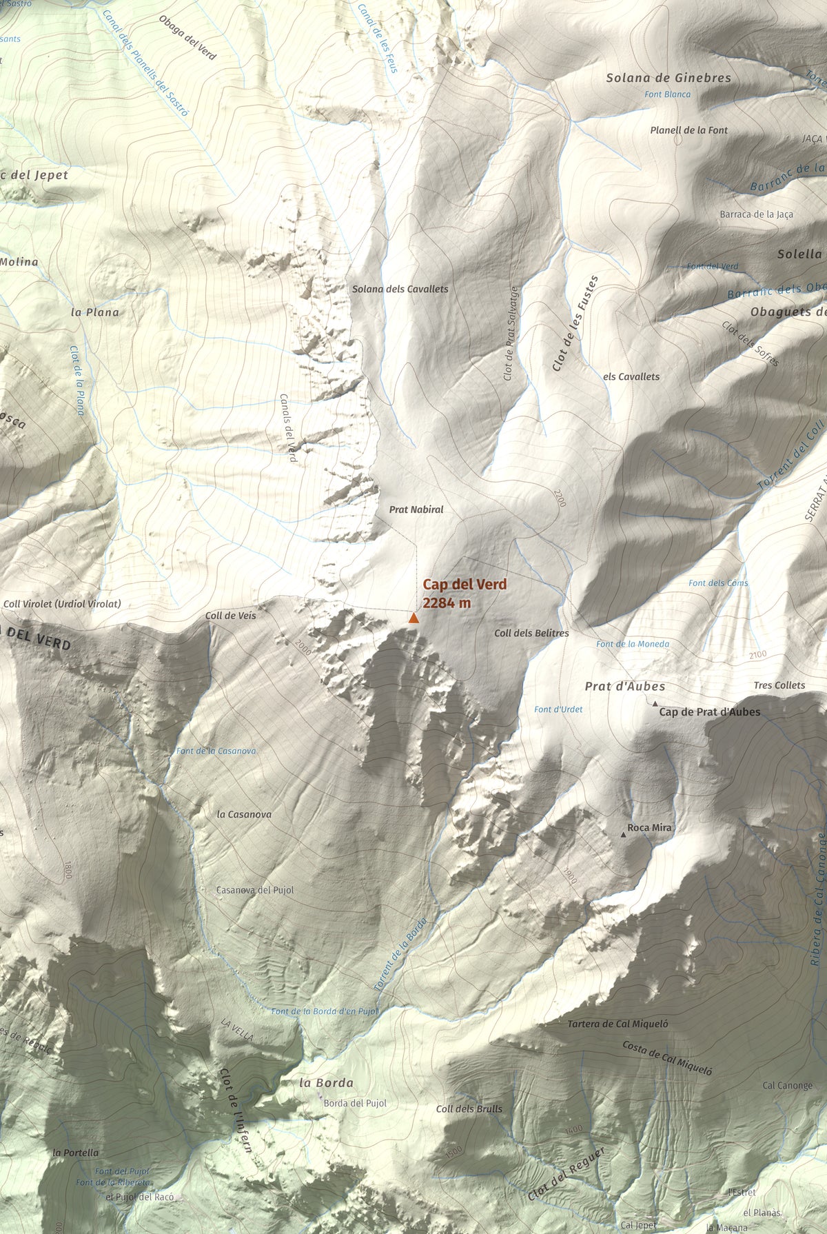 Mapa de relieve de Cap del Verd, 2284 m, Alt Urgell · Berguedà · Solsonès, lámina 100 Cims de Trobart. Detalle de la zona central. 61 × 91 cm.