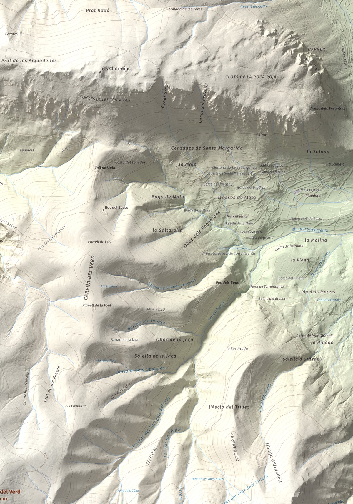 Mapa de relieve de Cap del Verd, 2284 m, Alt Urgell · Berguedà · Solsonès, lámina 100 Cims de Trobart. Detalle de la zona superior derecha. 70 × 100 cm.