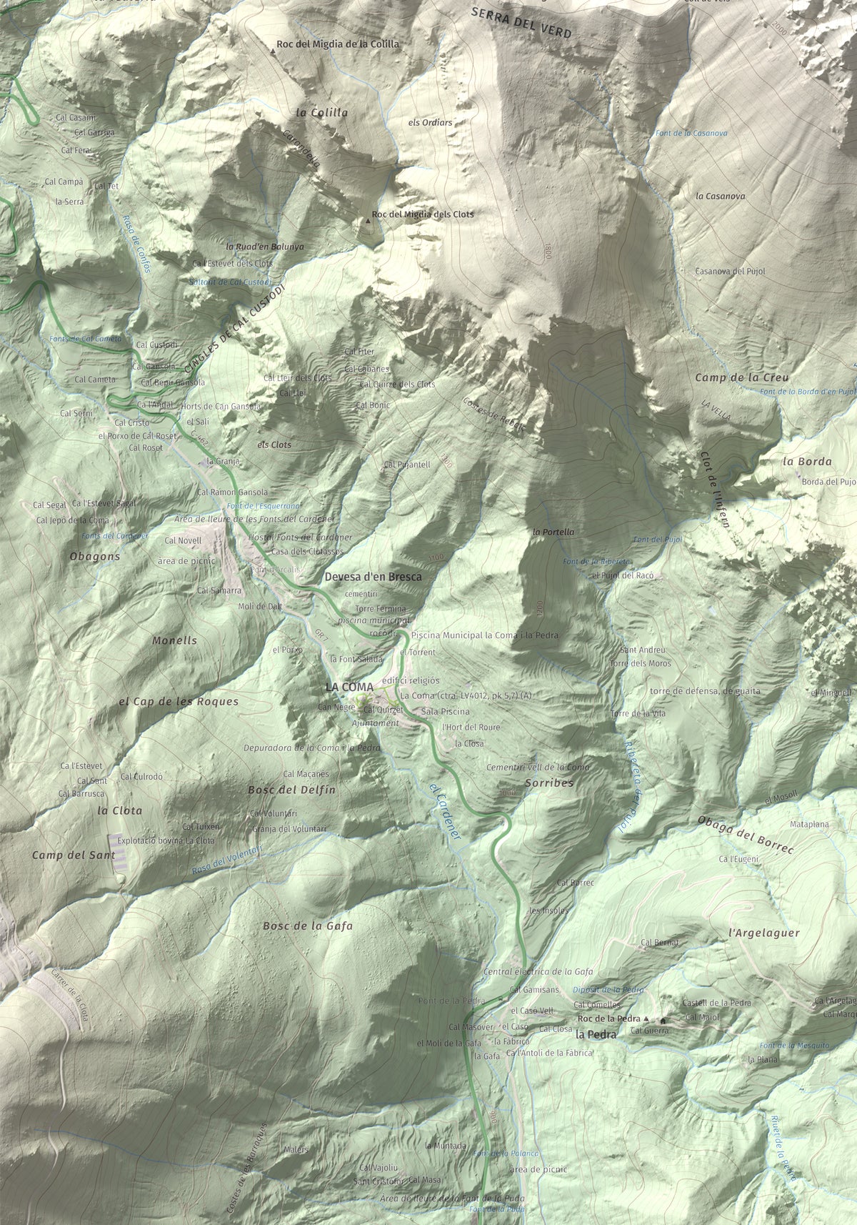 Mapa de relieve de Cap del Verd, 2284 m, Alt Urgell · Berguedà · Solsonès, lámina 100 Cims de Trobart. Detalle de la zona inferior izquierda. 70 × 100 cm.