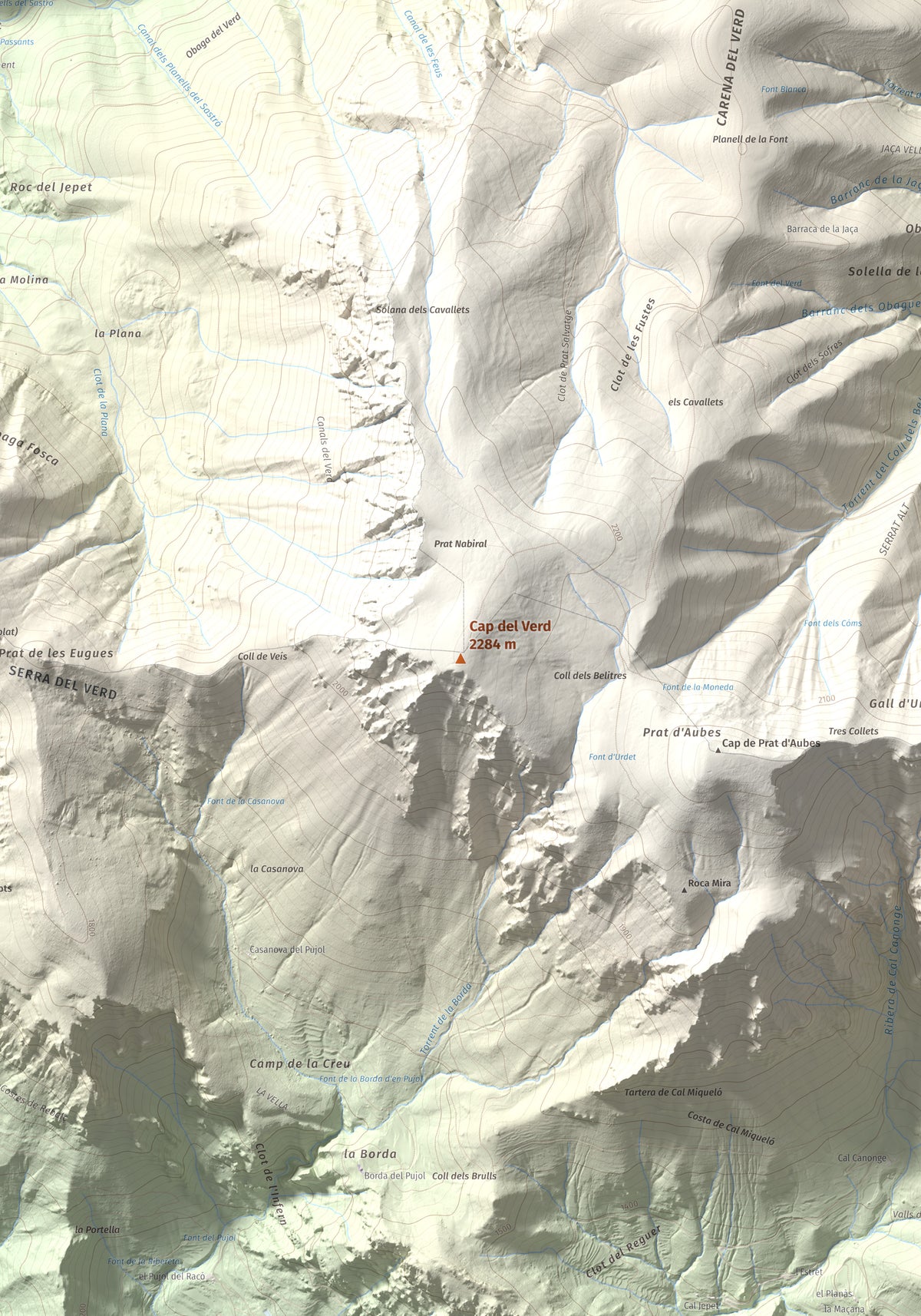Mapa de relieve de Cap del Verd, 2284 m, Alt Urgell · Berguedà · Solsonès, lámina 100 Cims de Trobart. Detalle de la zona central. 70 × 100 cm.
