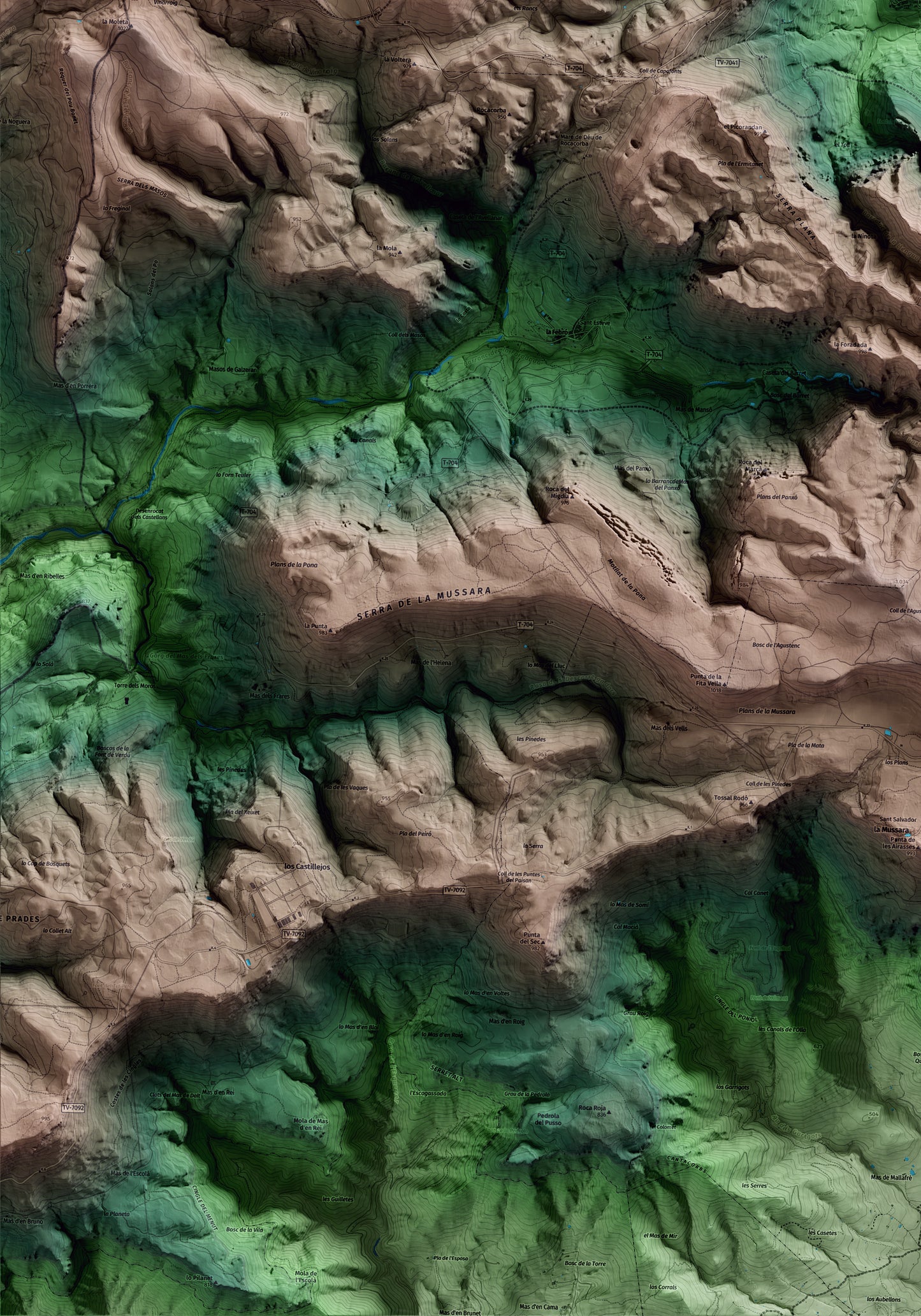 Mapa artístico del relieve de Capafonts, al Baix Camp, con 15 km de entorno y base topográfica ICGC. Detalle de la zona inferior izquierda.
