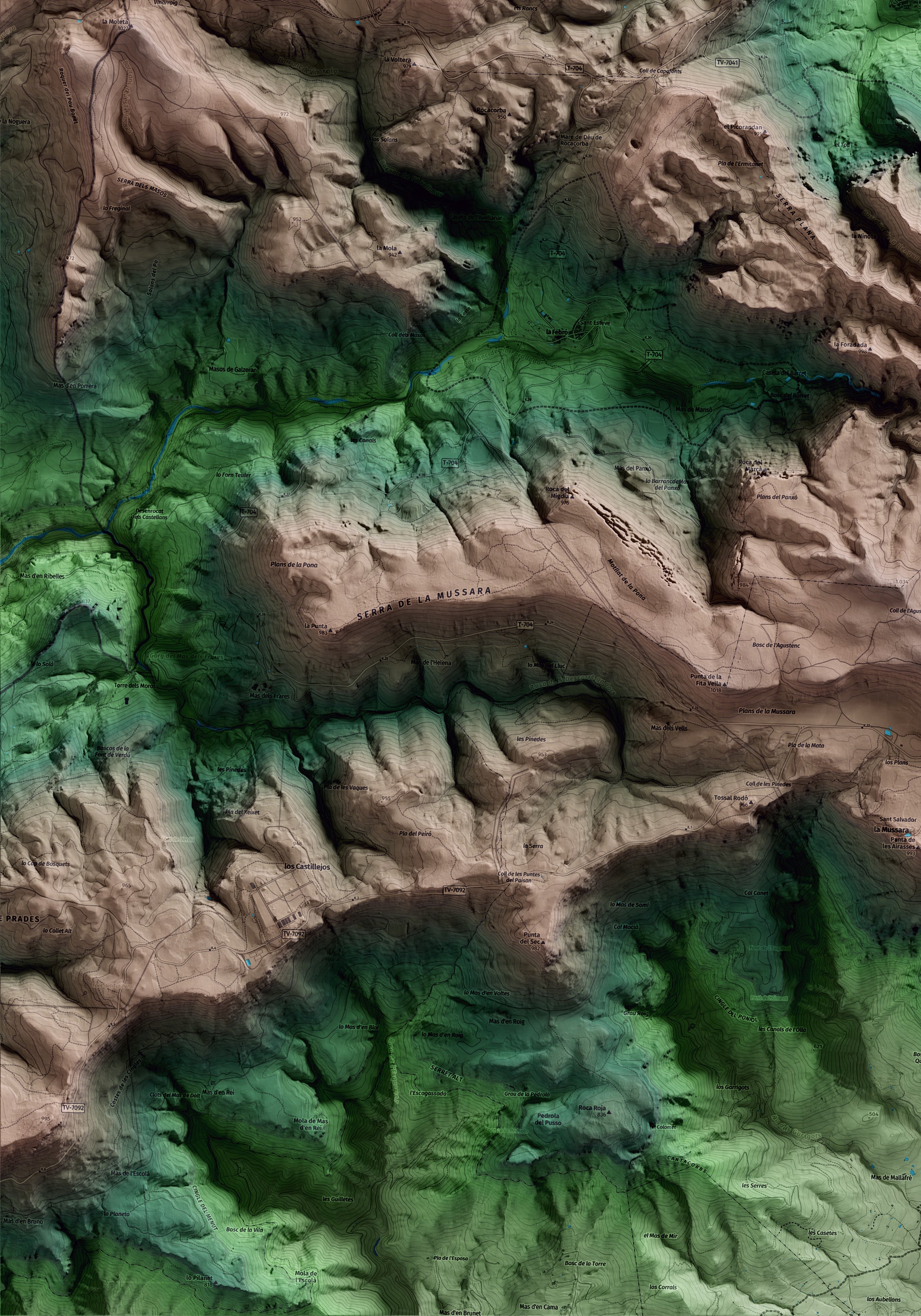 Mapa artístico del relieve de Capafonts, al Baix Camp, con 15 km de entorno y base topográfica ICGC. Detalle de la zona inferior izquierda.
