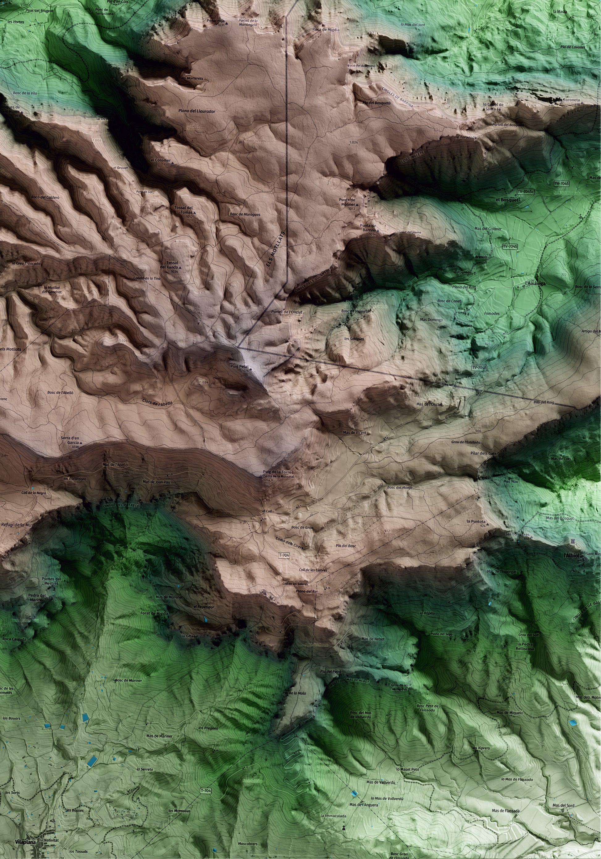 Mapa artístico del relieve de Capafonts, al Baix Camp, con 15 km de entorno y base topográfica ICGC. Detalle de la zona inferior derecha.